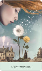 Illustration of a woman blowing on a dandelion with a whimsical village in the background, featuring the text '4. Tiny Wonders'.