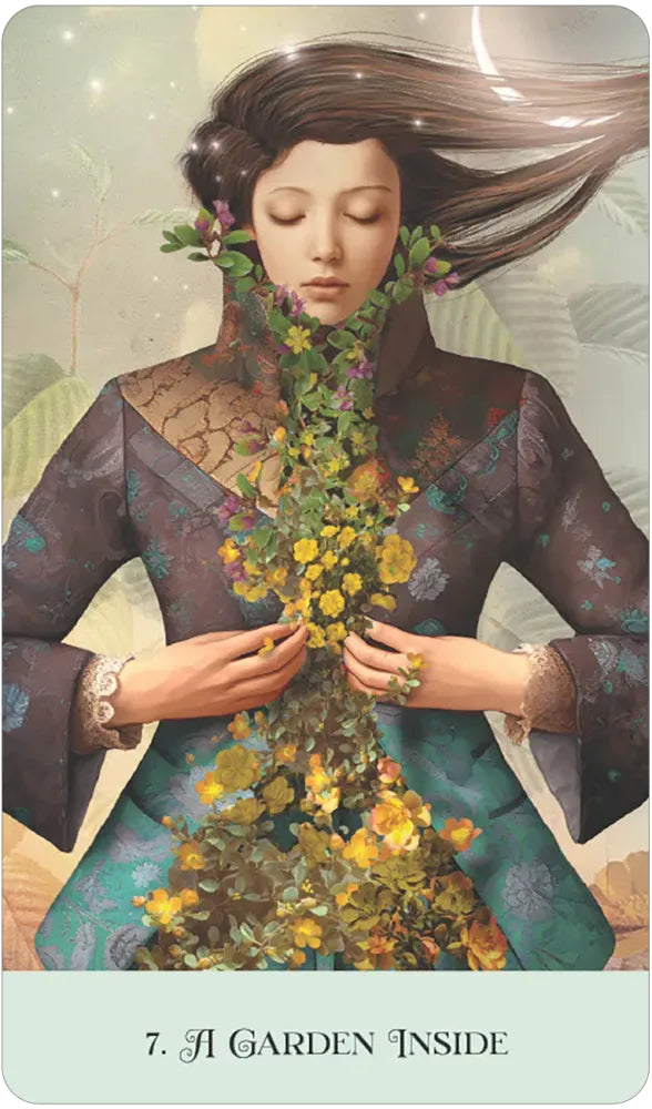 Artistic depiction of a woman with floral elements in her hair and clothing, with text '7. A Garden Inside' at the bottom.
