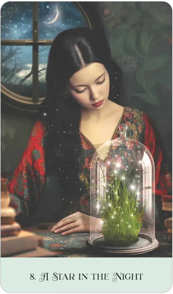 Woman with long dark hair and a colorful dress sitting at a table with a glowing plant under a glass dome, against a night sky.