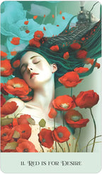 Artistic depiction of a woman with red flowers in her hair and around her, with a steam train in the background.