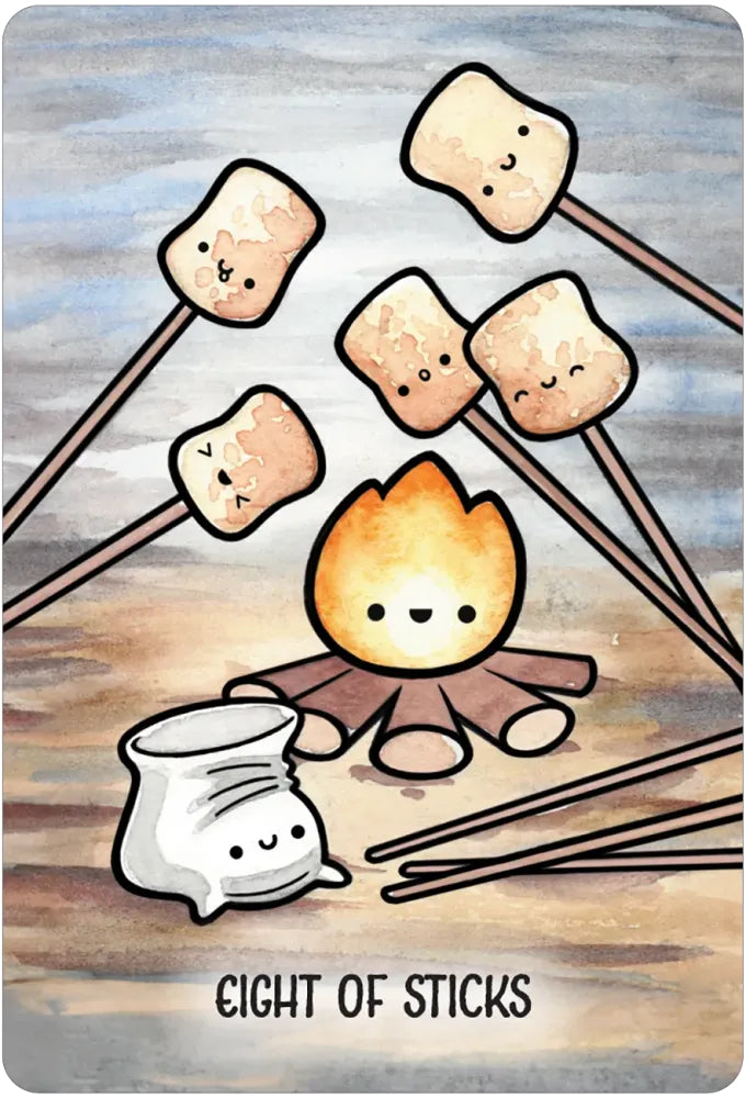 Illustration of marshmallows on sticks around a campfire with a 'Eight of Sticks' label.