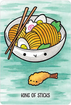 Cute illustration of a bowl of noodles with chopsticks and a fried fish on a light blue background.