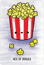 Cartoon popcorn bucket with a face on a light blue background, labeled 'Ace of Bowls'.