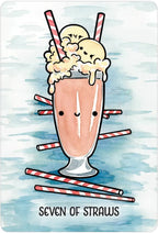 Cartoon milkshake with ice cream and straws on a watercolor background, labeled 'Seven of Straws'.