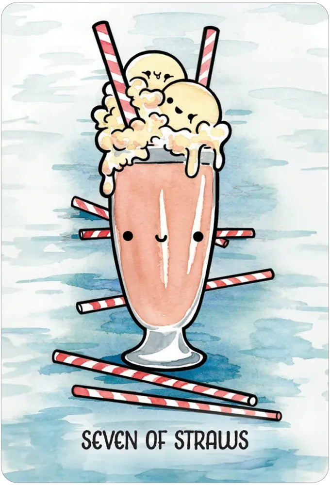 Cartoon milkshake with ice cream and straws on a watercolor background, labeled 'Seven of Straws'.
