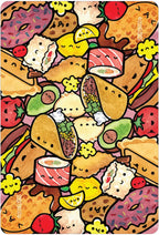 Colorful illustration of various food items with a cartoonish style on a patterned background.