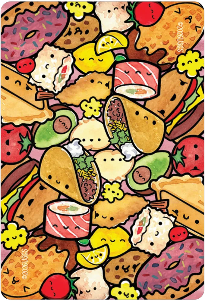 Colorful illustration of various food items with a cartoonish style on a patterned background.