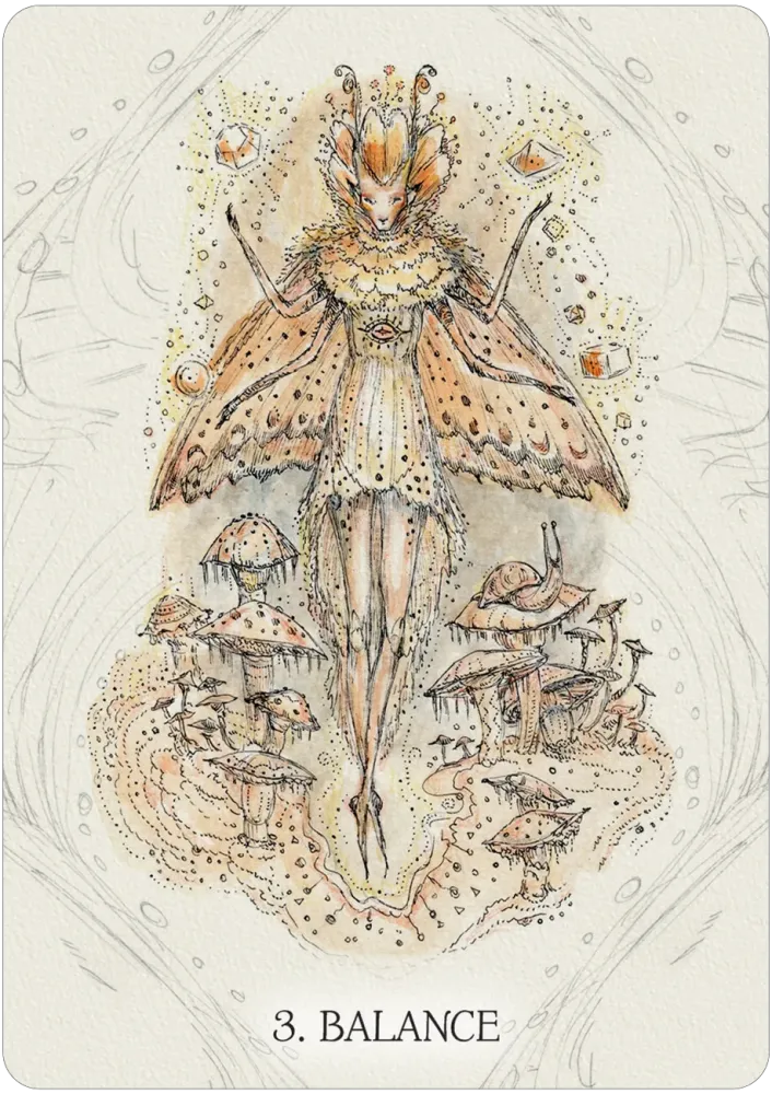 Illustration of a fairy-like figure with '3. Balance' text on a detailed background