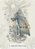 Artistic depiction of a fairy-like figure with wings, surrounded by mystical elements and text '5. Breakthrough'.