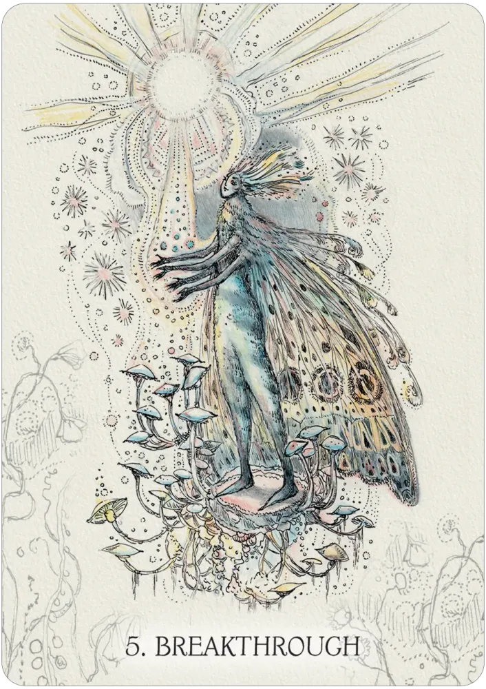 Artistic depiction of a fairy-like figure with wings, surrounded by mystical elements and text '5. Breakthrough'.