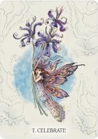 Fairy holding purple flowers on a decorative card with '7. Celebrate' text