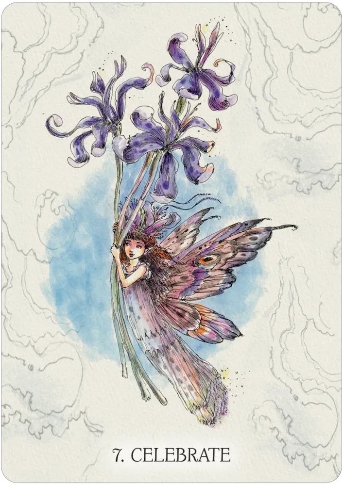 Fairy holding purple flowers on a decorative card with '7. Celebrate' text