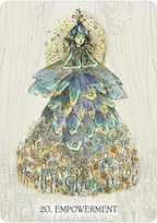 Artistic depiction of a woman in a detailed dress with 'Empowerment' text on a wooden-textured background