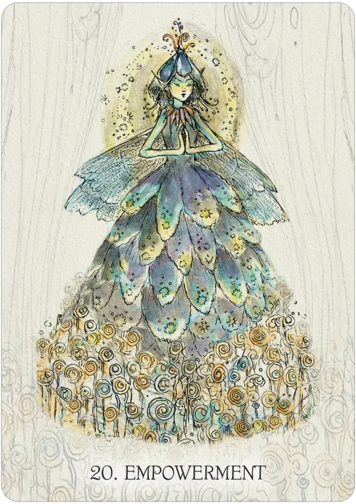 Artistic depiction of a woman in a detailed dress with 'Empowerment' text on a wooden-textured background