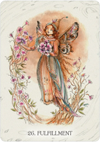 Fairy holding flowers with decorative elements on a tarot card titled 'Fulfillment'.