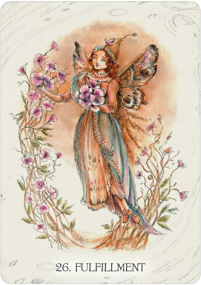 Fairy holding flowers with decorative elements on a tarot card titled 'Fulfillment'.