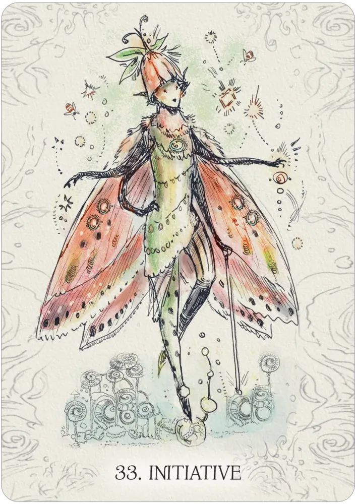 Illustration of a fairy with colorful wings on a decorative background, labeled '33. Initiative'.