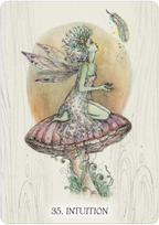 Illustration of a fairy with a feather and '35. Intuition' text on a wooden-textured background