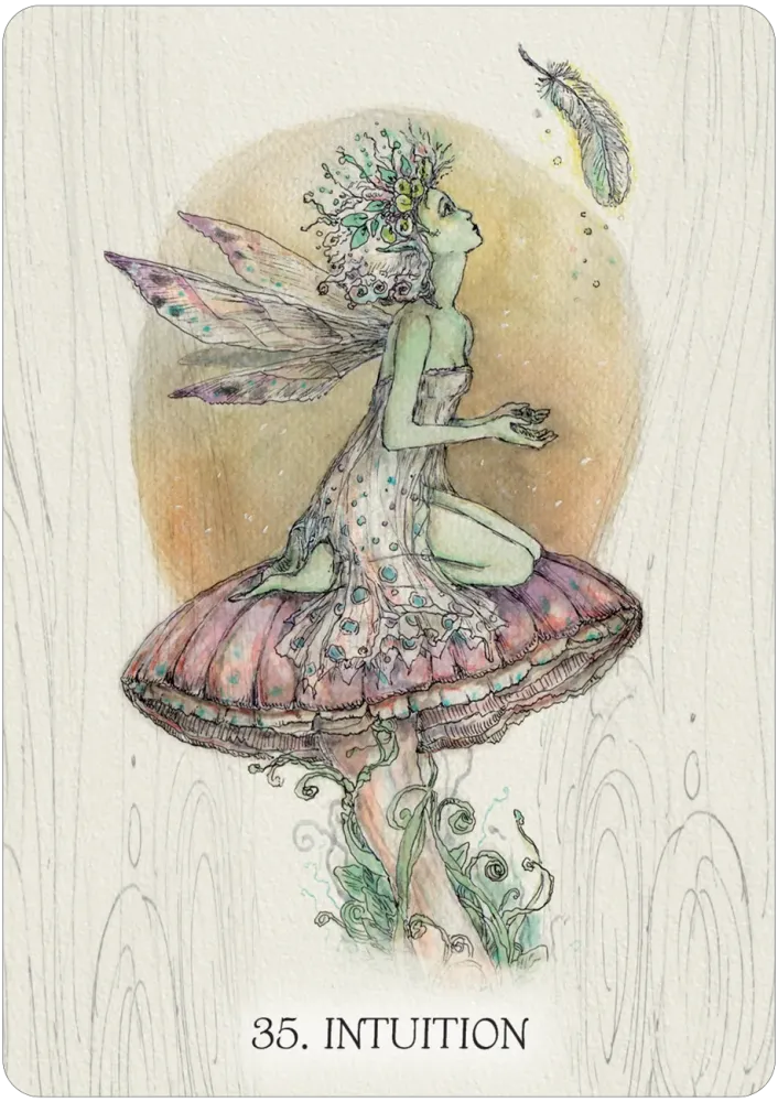 Illustration of a fairy with a feather and '35. Intuition' text on a wooden-textured background