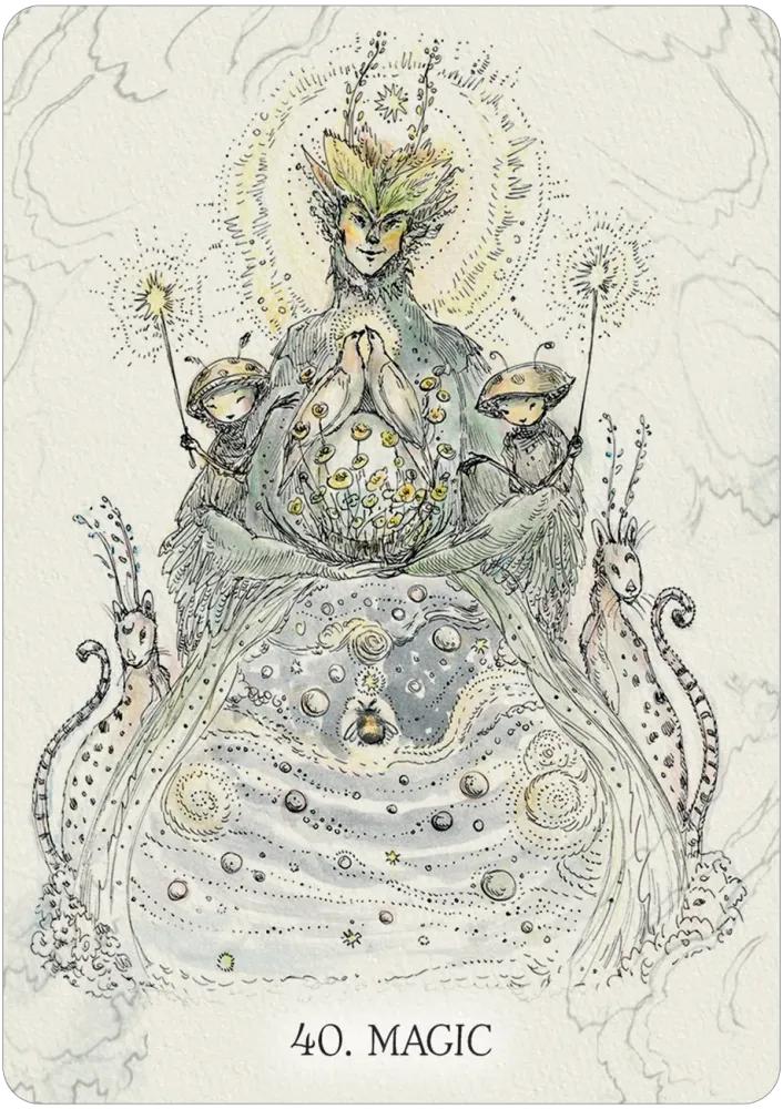 Artistic depiction of a mystical figure with celestial elements and '40. Magic' text.