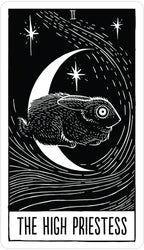 Tarot card featuring an owl on a crescent moon with stars, labeled 'The High Priestess'.