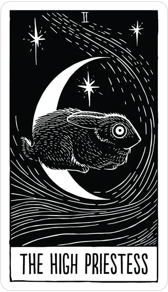 Tarot card featuring an owl on a crescent moon with stars, labeled 'The High Priestess'.