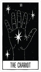 Tarot card featuring a hand with stars and the title 'The Chariot'.