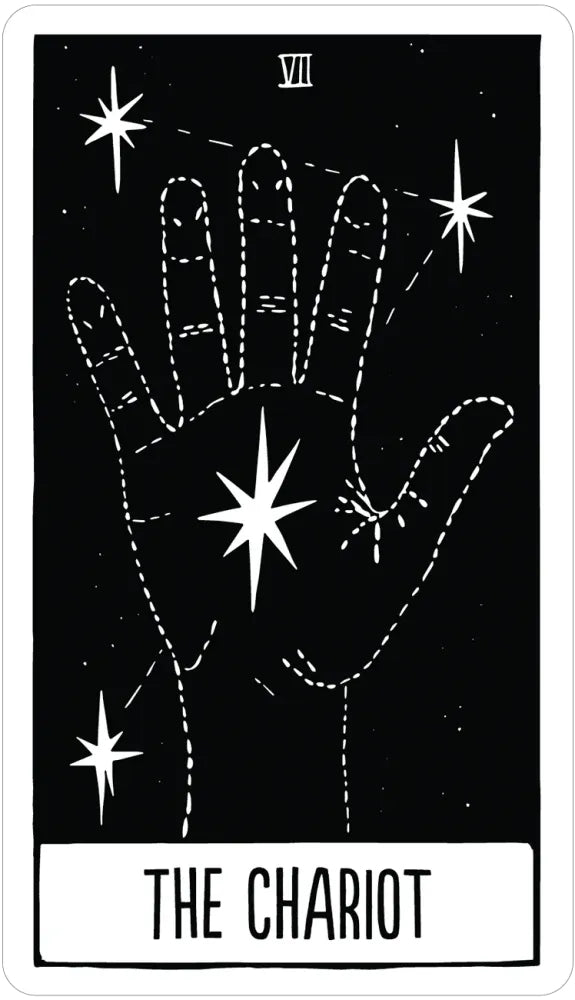 Tarot card featuring a hand with stars and the title 'The Chariot'.