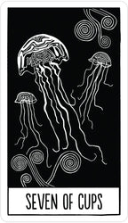 Card with jellyfish design labeled 'Seven of Cups' on a black background