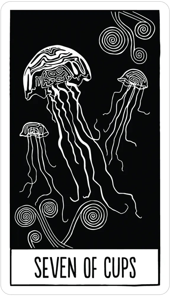 Card with jellyfish design labeled 'Seven of Cups' on a black background