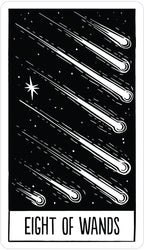 Eight of Wands tarot card with wands and star on a black background