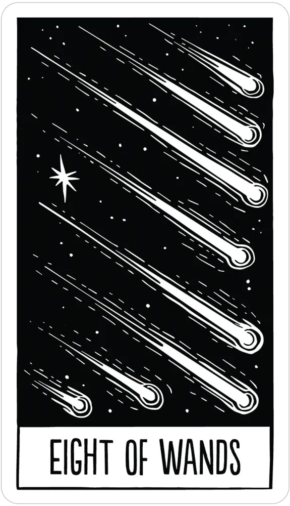 Eight of Wands tarot card with wands and star on a black background