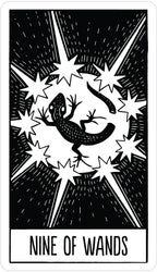 Nine of Wands tarot card with black and white design