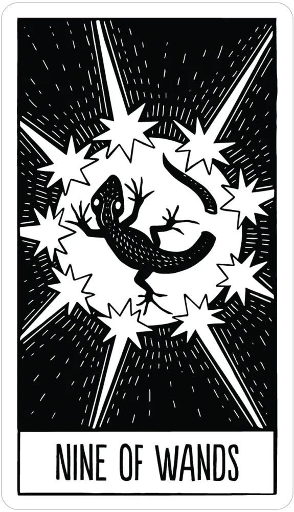 Nine of Wands tarot card with black and white design