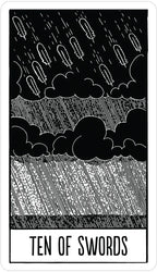 Tarot card featuring a stormy sky with clouds and rain, labeled 'Ten of Swords'.