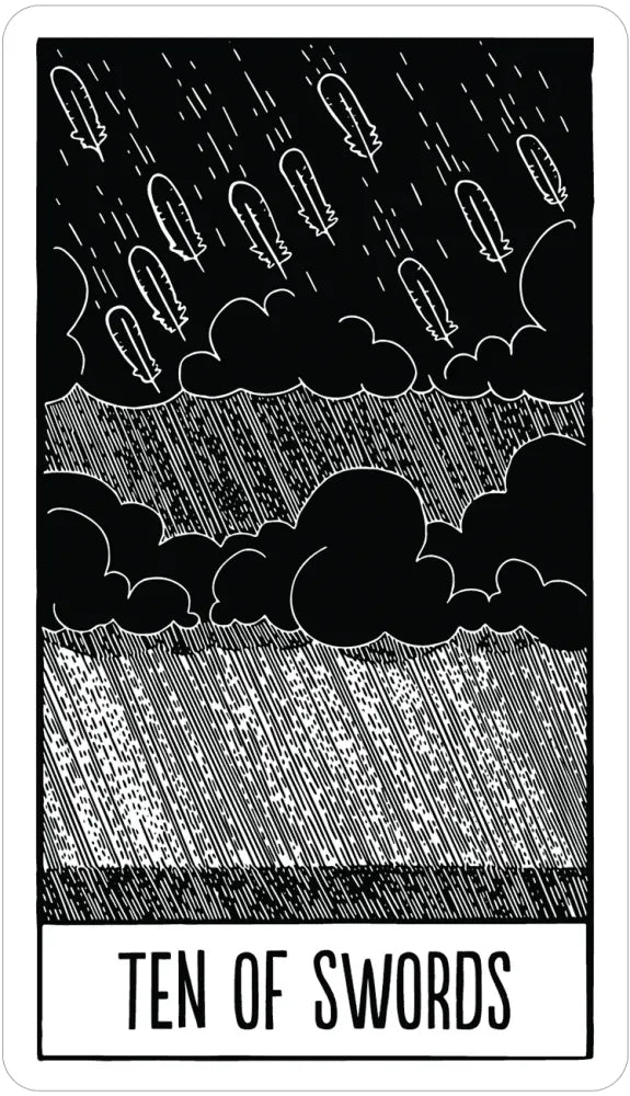 Tarot card featuring a stormy sky with clouds and rain, labeled 'Ten of Swords'.