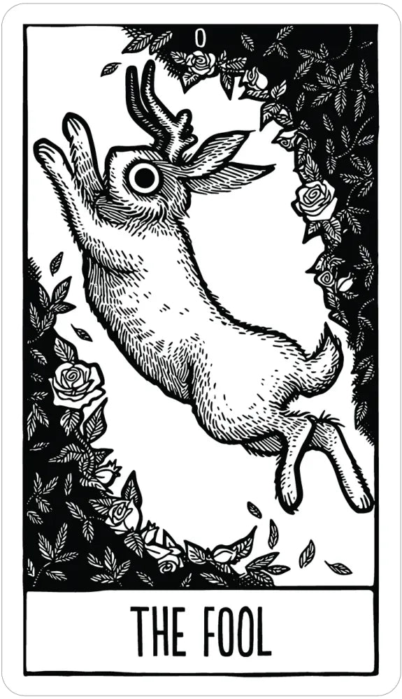 Tarot card featuring 'The Fool' with a goat and roses, black and white.