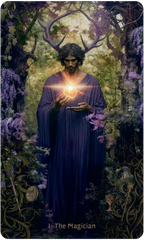 Tarot card featuring a figure in a mystical forest holding a glowing orb, titled 'The Magician'.