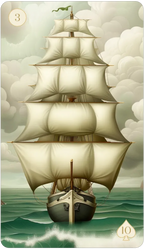 Sailing ship with multiple sails on a card, likely from a tarot or fantasy card set.