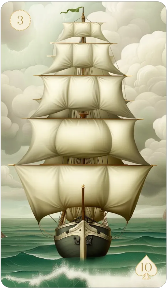 Sailing ship with multiple sails on a card, likely from a tarot or fantasy card set.