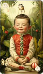 Illustration of a child in a red outfit with a bird on their head, surrounded by tropical plants.