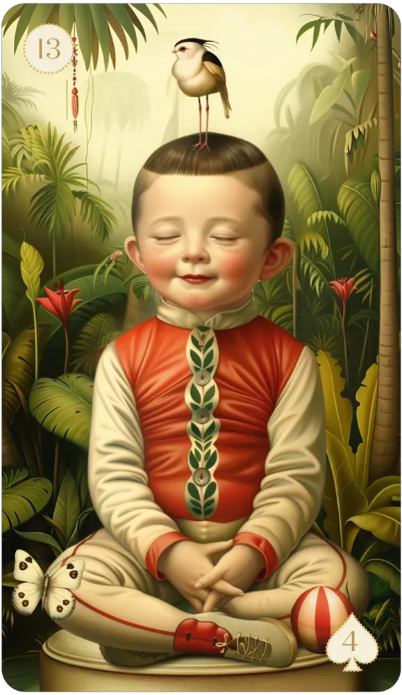 Illustration of a child in a red outfit with a bird on their head, surrounded by tropical plants.