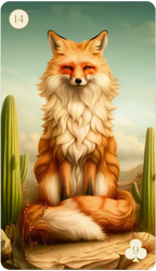 Illustration of a fox in a natural setting with cacti and flowers.