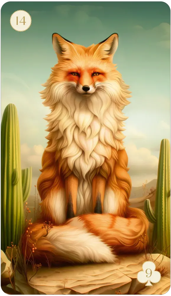 Illustration of a fox in a natural setting with cacti and flowers.