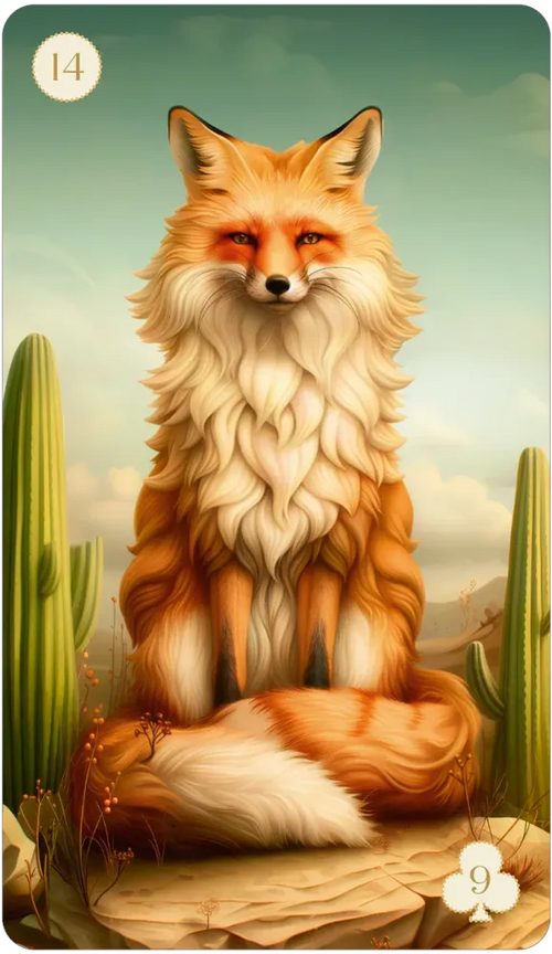Illustration of a fox in a natural setting with cacti and flowers.