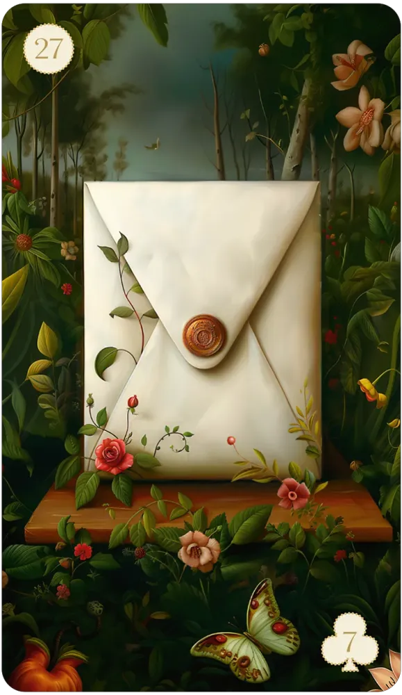 Decorative envelope with floral designs on a nature-themed background