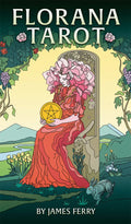 Cover of 'Florana Tarot' by James Ferry featuring a woman in a red dress holding a pentacle symbol.