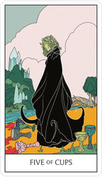 Tarot card featuring a figure in a hooded cloak with 'Five of Cups' text
