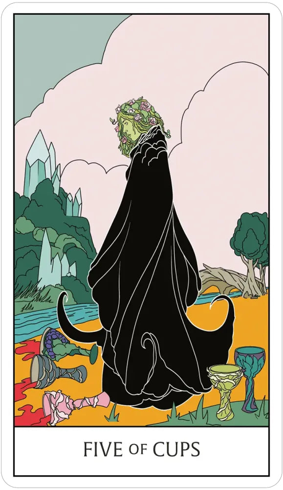 Tarot card featuring a figure in a hooded cloak with 'Five of Cups' text
