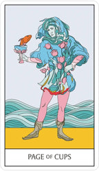 Tarot card featuring a person with flowing hair and colorful clothing, holding a cup with a fish, against a wavy background.